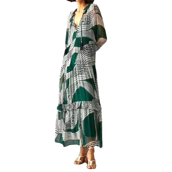 Anthropologie Dresses & Skirts - Anthropologie The Marais Printed Chiffon Maxi Dress Tiered Ruffle Ties Tassels